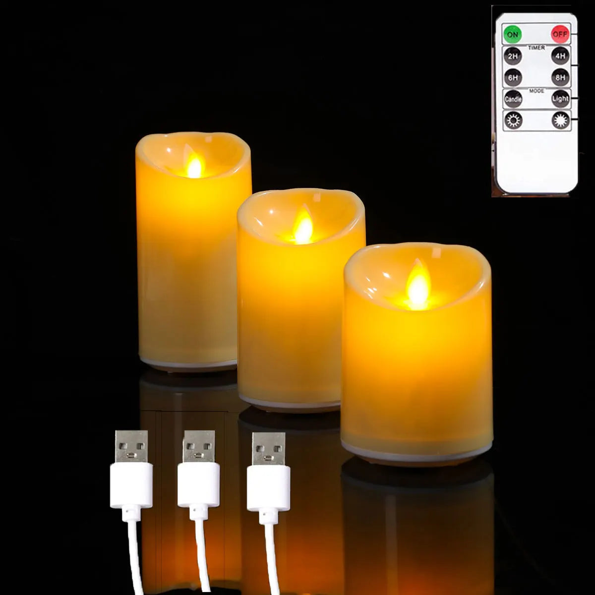 Candele a stoppino mobili decorative a LED con telecomando con carica USB da 1 o 3 pezzi, candele da chiesa danzanti ricaricabili da 10/12,5/15 cm