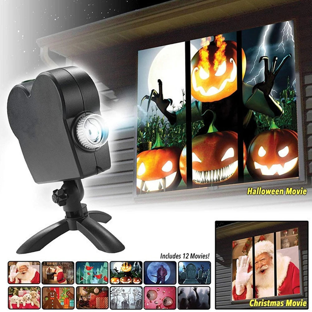 Halloween Christmas Projector Outdoor Holiday Led lampada di proiezione olografica impermeabile 12 film luci da palcoscenico per feste spettrale EU