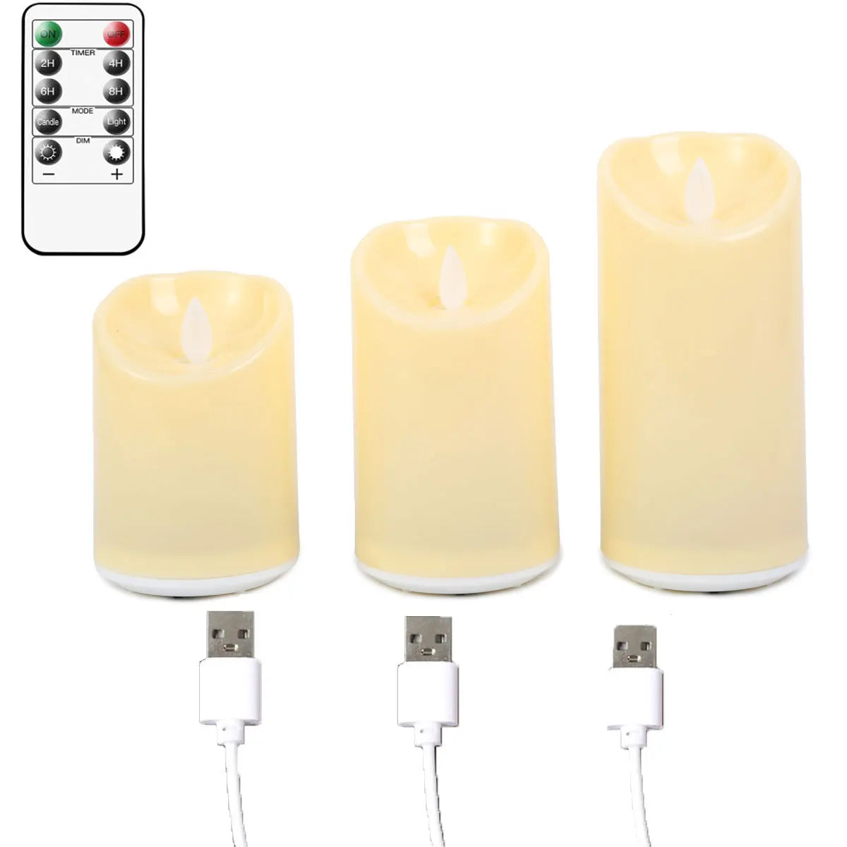 Candele a stoppino mobili decorative a LED con telecomando con carica USB da 1 o 3 pezzi, candele da chiesa danzanti ricaricabili da 10/12,5/15 cm