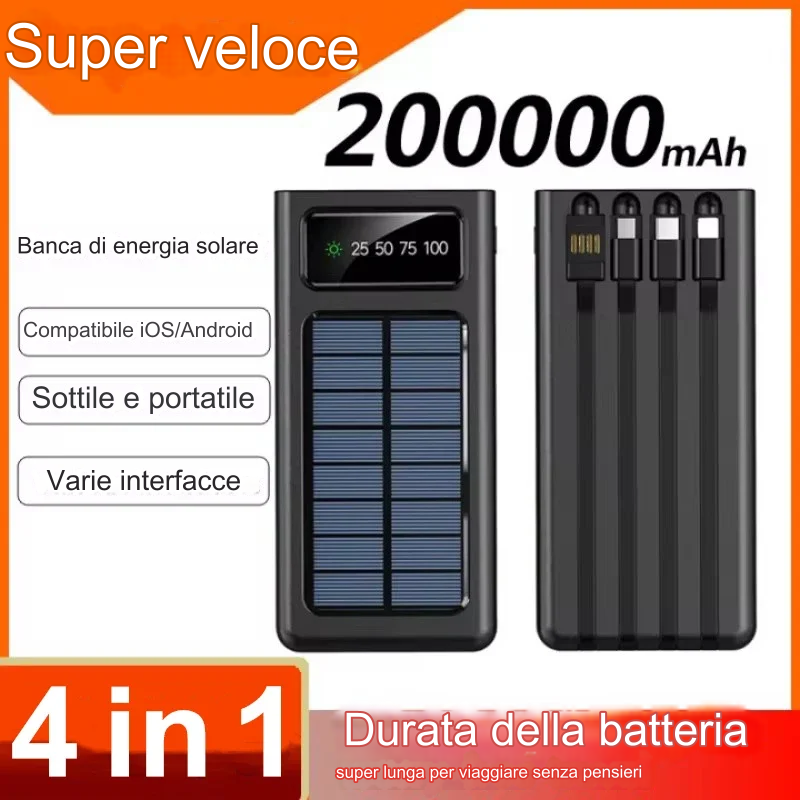 Solar Power Bank Ultra Capacity USB 4 in1 ricarica Super veloce USB TypeC LED Light Outdoor Power Bank per Android e iPhone